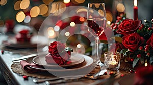 Elegant Valentine's dinner setting with red roses, wine glass, lit candles, soft golden lights, romantic ambiance