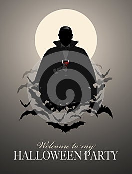 Elegant Vampire silhouette on a cloud of bats holding a wineglass