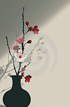 Elegant Vase with Red Flowers and Shadow on Wall