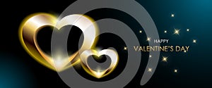 Elegant Vector Banner for Valentines Day with Two Shining Golden Hearts