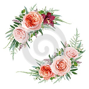 Elegant vector floral bouquet set. Pale coral Juliette rose, dusty pink flowers, white astrantia, burgundy red orchid, Eucalyptus