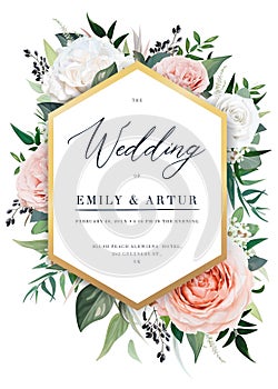 Elegant vector floral wedding invite card design. Beautiful blush peach, dusty pink garden Rose, eucalyptus greenery, tidewater photo