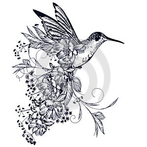 Elegant vector hummingbird with flowers and flourishes in vintage style