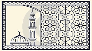 Islamic Mosque with Geometric Pattern Border Art, vector design Generative AI