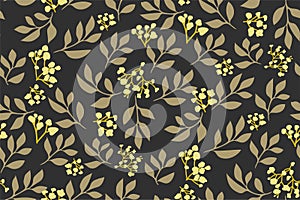 Elegant vector pattern in small flowers, leaves on a dark green background. Liberty style. Floral seamless background