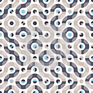 Elegant vector Truchet seamless pattern. Geometric background with random tiled wavy shapes, circles and semicircles.