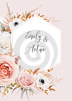 Elegant vector wedding invite, invitation save the date card design. Bouquet of blush peach, pink rose flowers, white anemone,