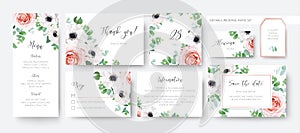 Elegant vector wedding stationery cards set. Menu, rsvp, thank you, details, tag editable template design. Pink blush rose flower