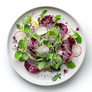 Elegant vegetarian salad with green and purple mesclun mix, herbs, thin slices of radish, on a round ceramic plate. Generative AI