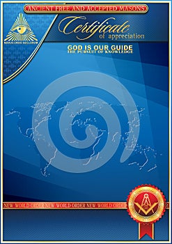 An elegant vertical form for creating certificates with Masonic symbols. Golden elements on a blue background.