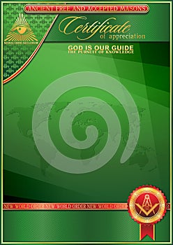 An elegant vertical form for creating certificates with Masonic symbols. Golden elements on a green background.