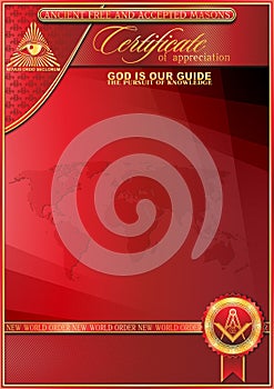 An elegant vertical form for creating certificates with Masonic symbols. Golden elements on a red background.