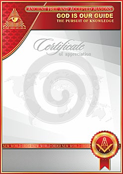 An elegant vertical form for creating certificates with Masonic symbols. Red elements on a white background.