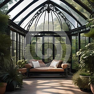 An elegant Victorian conservatory with wrought iron furniture and lush greenery4