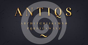 Elegant vintage antiqua roman font. Classic serif typeface. English alphabet. Set of old bronze letters