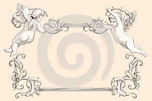 Elegant vintage border frame with cupids for weddings and Valentine`s day. Engraving with Baroque ornament photo