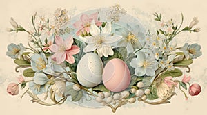 Elegant vintage Easter collage with flowers and eggs