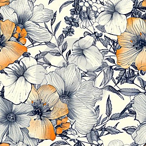 Elegant Vintage Floral Pattern with Hibiscus and Leaves