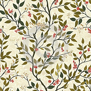 Elegant Vintage Floral Wallpaper Design with Berries and Leaves
