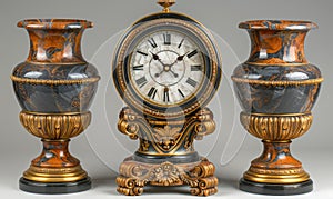 Elegant vintage French clock set with marble, brass, and ornate candle sconces, showcasing Roman numeral details photo