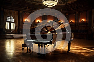 Elegant Vintage Grand Piano in Luxurious Living Room. Elegant classical music background. AI generated