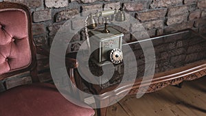 Elegant vintage old telephone on elegant wooden table against brick wall relaxing antique interior vintage decoration