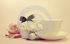 Elegant vintage retro shabby chic style afternoon or morning tea setting with retro filter