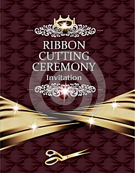 Elegant vintage ribbon cutting ceremony card with silk gold ribbon and leather background