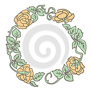 Elegant vintage round frame with roses and leaves elements. Vector decorative border