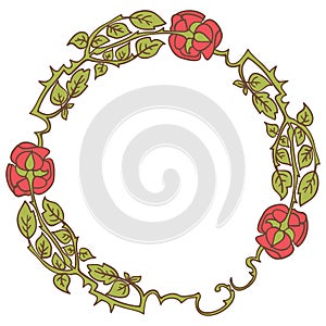 Elegant vintage round frame with roses and leaves elements. Vector decorative border