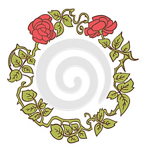 Elegant vintage round frame with roses and leaves elements. Vector decorative border