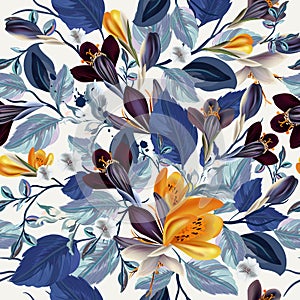 Elegant vintage vector seamless floral pattern with crocus flowers and blue leaves
