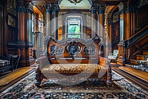 Elegant Vintage Victorian Sofa in Luxurious Classic Wooden Interior With Ornate Details and Rich Textures