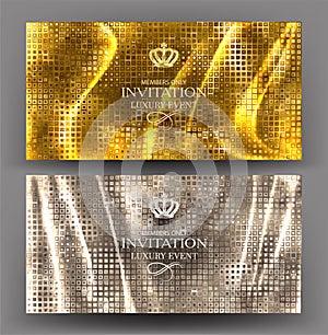 Elegant VIP gold and silver invitations with textured pleated fabric on the background.