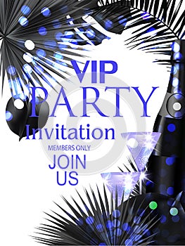 Elegant vip invitation banner with glasses and bottles of champagne and palme tree leaves.