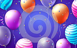 Elegant vivid vibrant colorful ballon and party popper ribbon Happy Birthday celebration card banner template