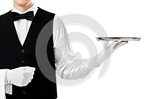 Elegant waiter holding empty silver tray