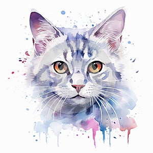 Elegant Watercolor Cat Pose with White Background
