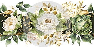 Elegant Watercolor Design: Lush Green & Gold Leaves with White Floral Accents