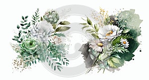 Elegant Watercolor Floral Arrangements Featuring Lush Greenery and Blooming Flowers for Invitations, Greetings