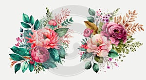 Elegant Watercolor Floral Arrangements with Lush Blooms and Foliage, Perfect for Invitations, Greetings, and Wall Art