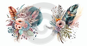 Elegant Watercolor Floral and Feather Arrangements, Hand-Painted Blooms and Foliage for Invitations, Decor, Art