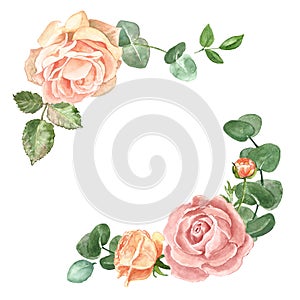 Elegant Watercolor floral frame template for wedding invitations and cards with blush pink roses and eucalyptus leaves