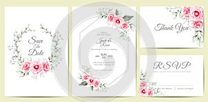 Elegant Watercolor Floral Wedding Invitation Cards Template. Hand Drawing Flower and Branches Save the Date, Greeting, Thank You, photo