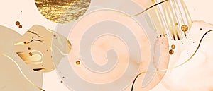 Elegant watercolor, ink vector background with white, beige,yellow . Golden splatters, lines, abstract forms, circles.