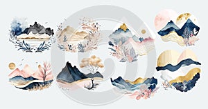 Elegant Watercolor Landscape Elements Collection: Mountains, Hills, Waves, and Flora in Soft Pastel Tones for Inviting