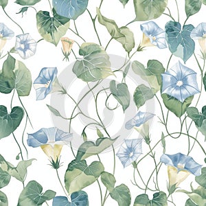 Elegant Watercolor Morning Glory Vine Seamless Pattern Design