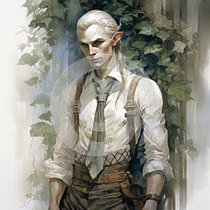 Elegant Watercolor Painting Of A 300-year-old Elven Butler In Suspenders photo