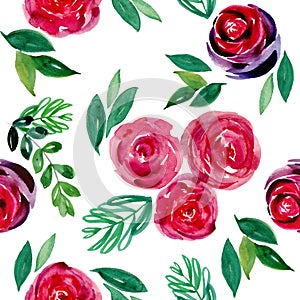 Elegant watercolor roses and twigs seamless pattern on white background
