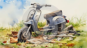 Elegant Watercolor Still-life: Crashed Scooter In Grassy Field